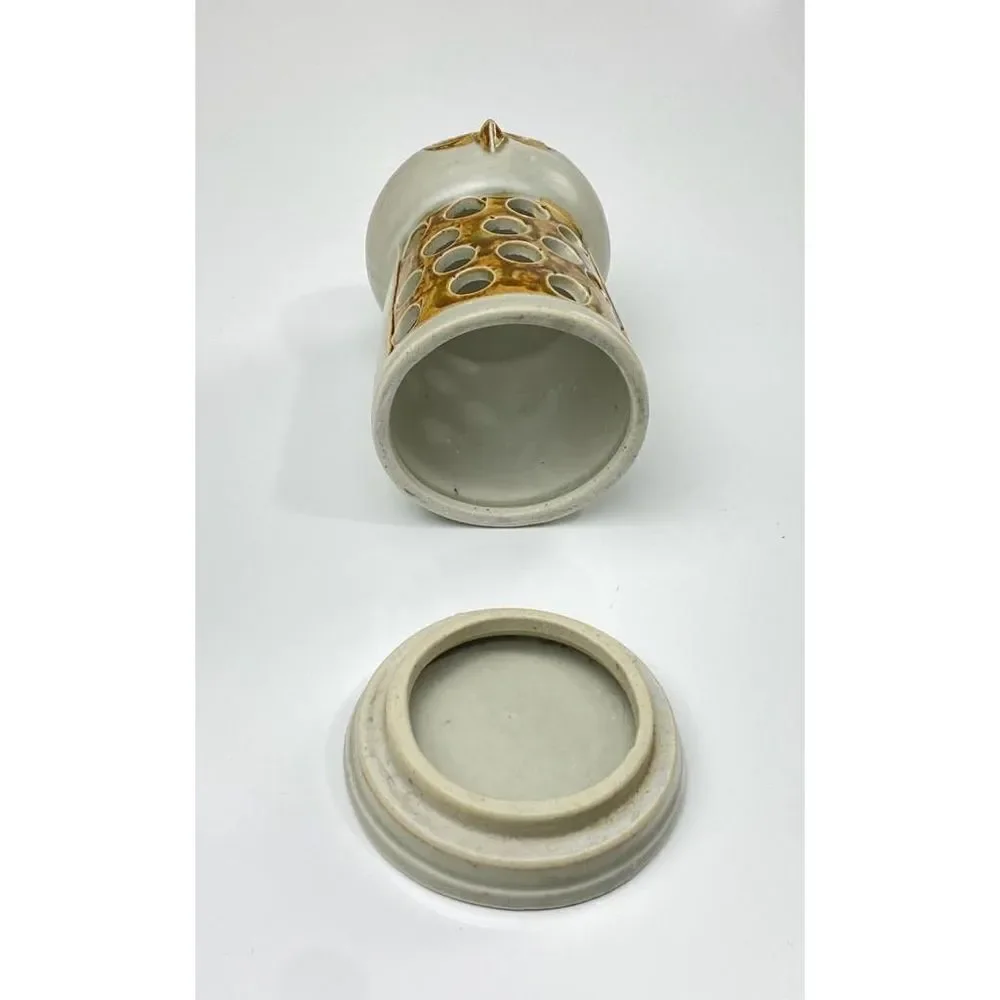 Vintage MCM Stoneware Owl Votive Tealight Candle Holder Brown Gray 2 Piece Decor